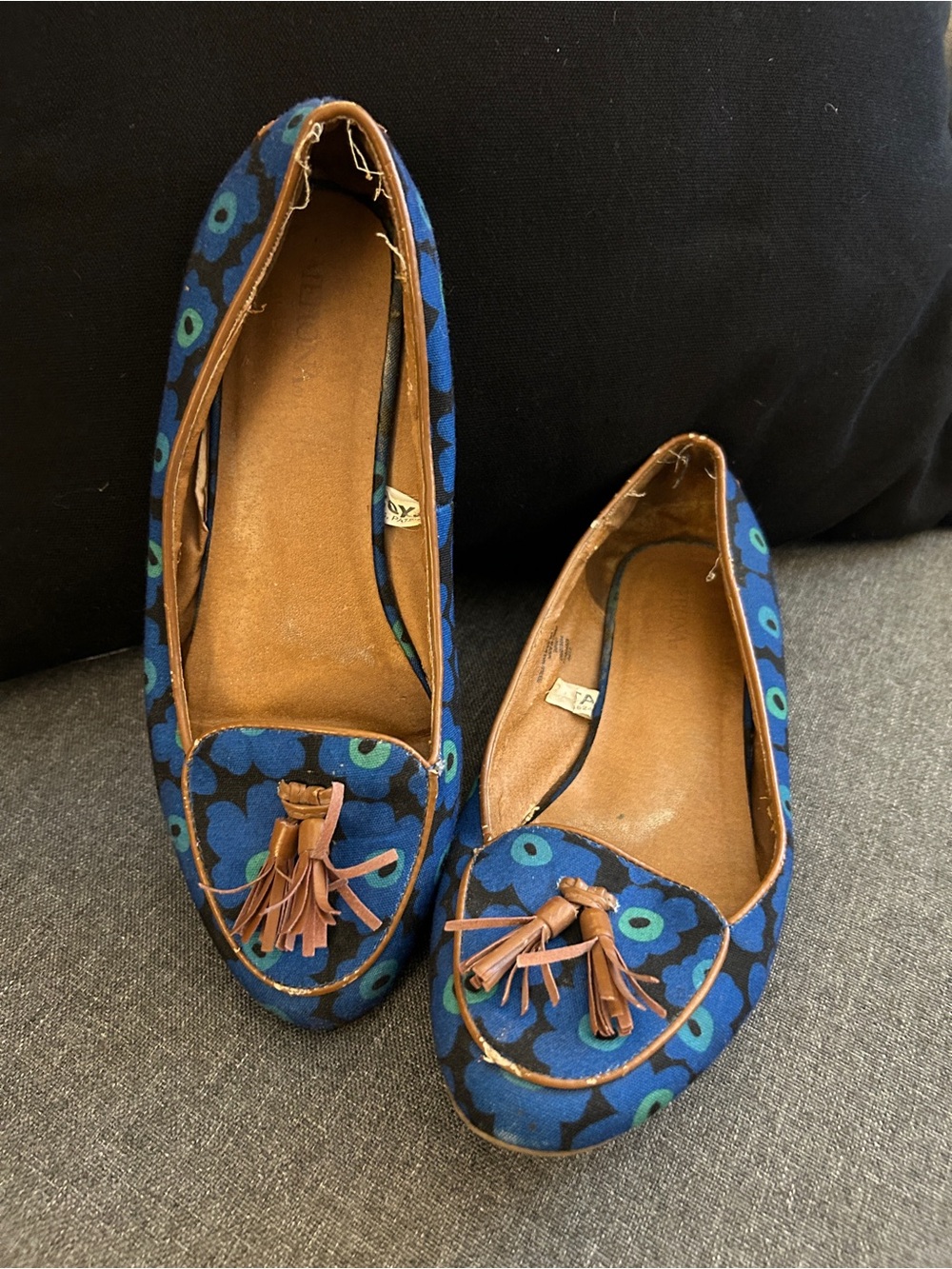 Blue Floral Tassel Loafers for Women
